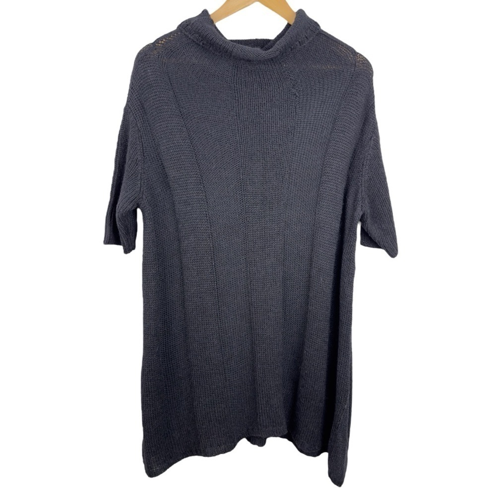 EILEEN FISHER Black Alpaca Silk Rib Turtleneck Long A-Line Short Sleeve Sweater